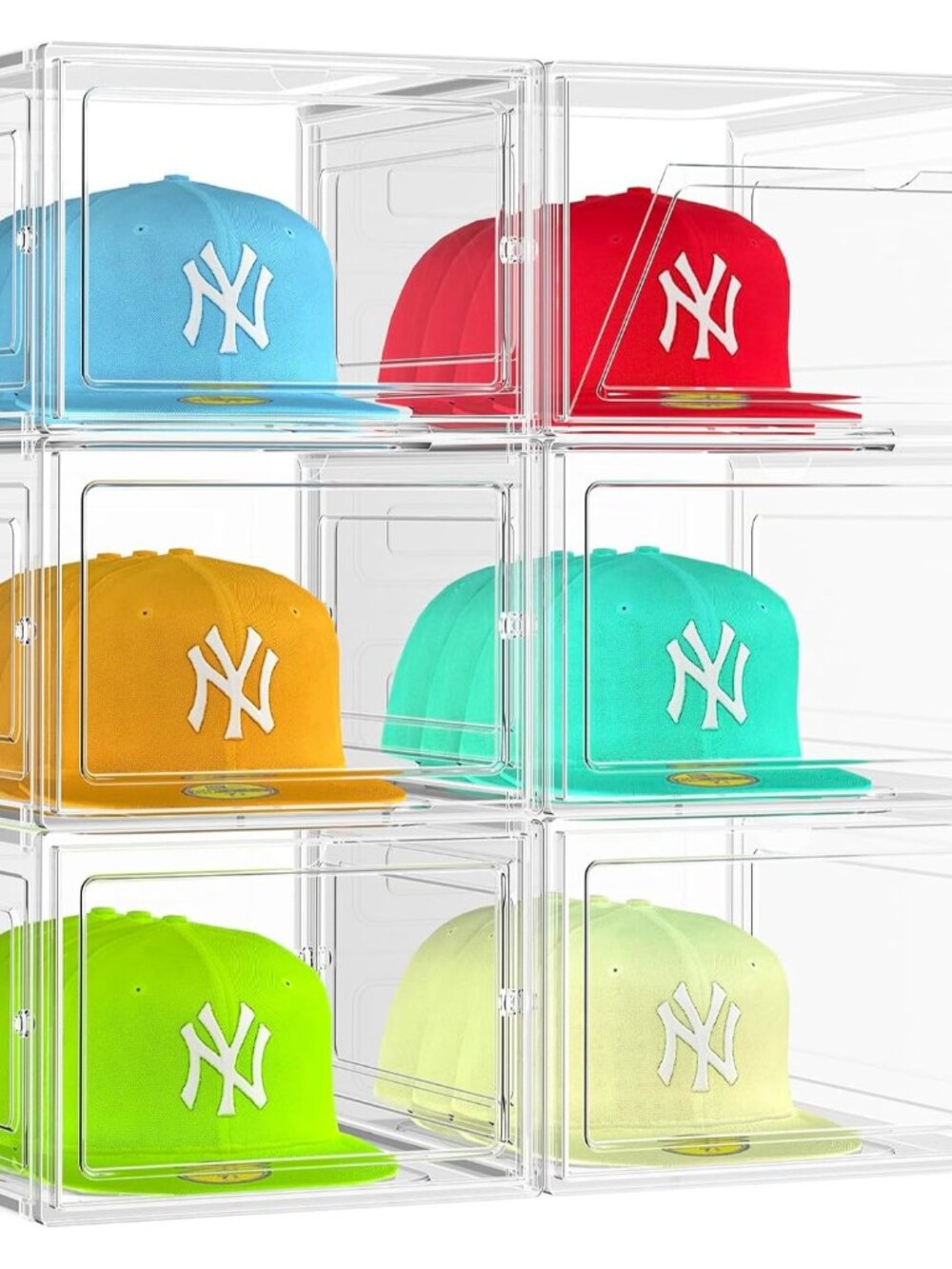 6 Pack Hat Organizer Box, Stackable Clear Baseball Caps Holder Box Containers wi